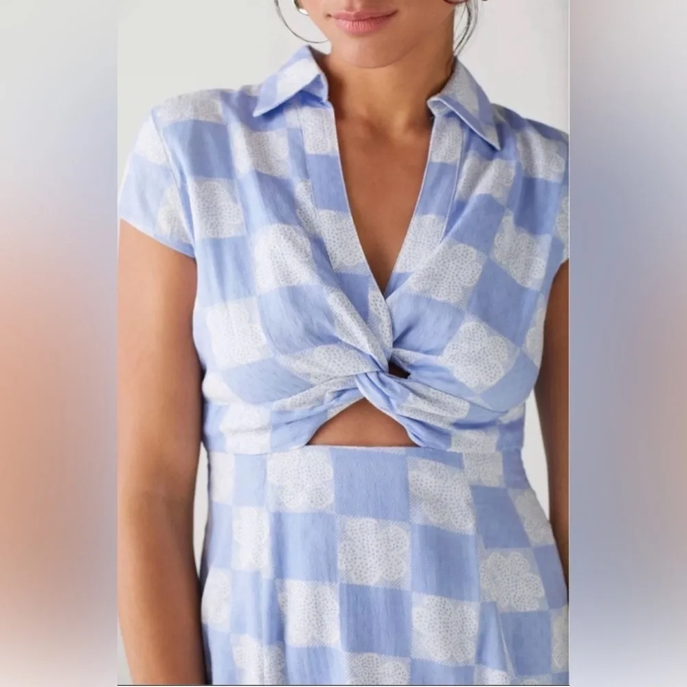 Urban Outfitters Harlow Twist Front Mini Dress, Blue White Floral Check, Small - Picture 3 of 12